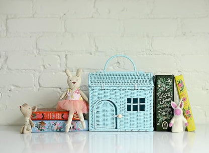 Rool Rattan House Shaped Basket Wicker Small Dollhouse Gift for Girls, Boho Toys, Mouse in a Box House, Little Girl Purse Clutch, Doll Carrier (Blue)