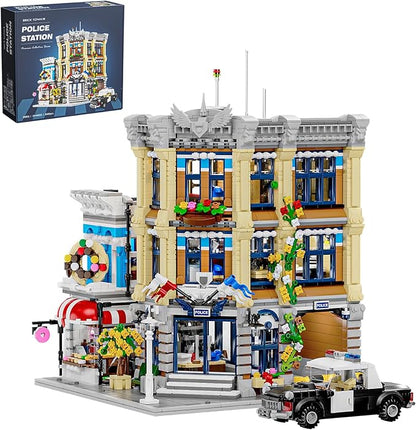 City Police Office Architecture Building Model Building Kit,MOC Street View House with 3 Levels Modular Building Blocks Model Set for Adults and Teens,Collectible Display Toy,2967 Pieces