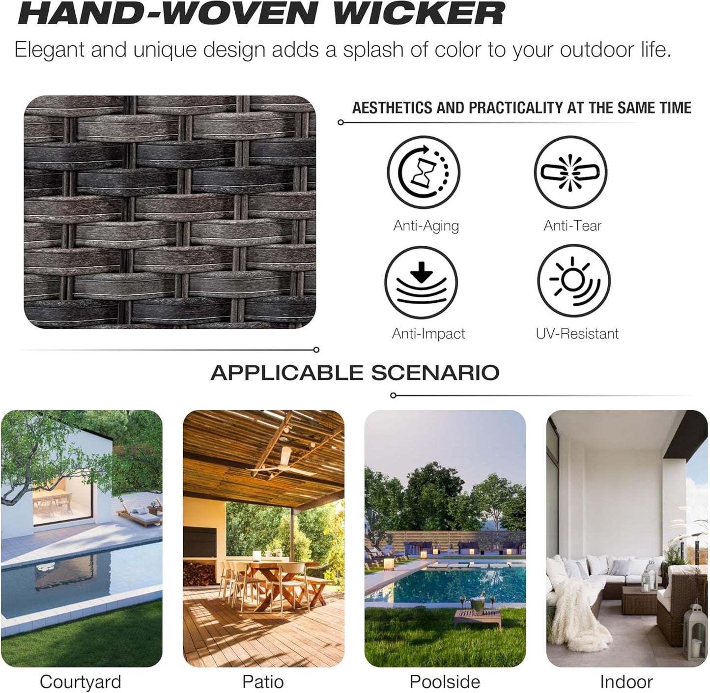 Joyside Wicker Patio Furniture Sets 7 Piece Set with One 3-Seat Sofa, Four Armchairs, Two Ottomans, Wicker Outdoor Furniture Sectional Conversation Set(Mixed Grey/Blue)