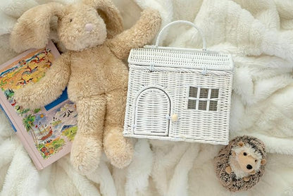 Rool Rattan House Shaped Basket Wicker Small Dollhouse Gift for Girls, Boho Toys, Mouse in a Box House, Little Girl Purse Clutch, Doll Carrier (White)