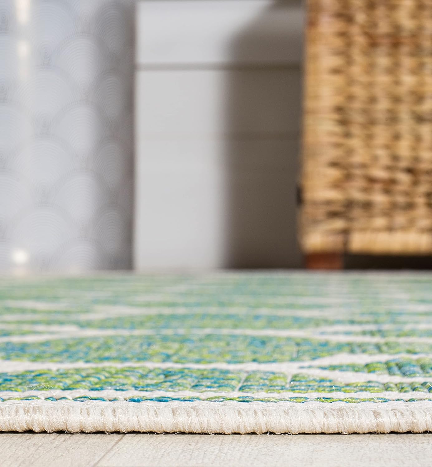 Eyely BMS109I-5SQ Santa Monica Trebol Moroccan Trellis Textured Weave Indoor/Outdoor Area Rug Coastal;Bohemian, Bedroom, Backyard, Patio, Easy-Cleaning, Non-Shedding, 5' Square, Cream/Green