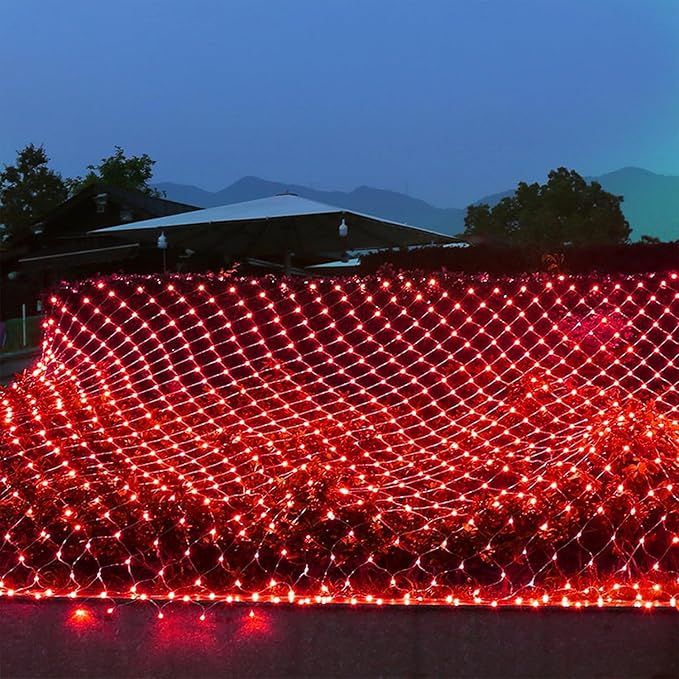 WATERGLIDE Outdoor Christmas Net Lights, 12FT x 5FT 360 LED Mesh String Light with 8 Lighting Mode, Connectable Waterproof Lights for Garden Tree Bushes, Valentines Wedding Party Decorations, Red