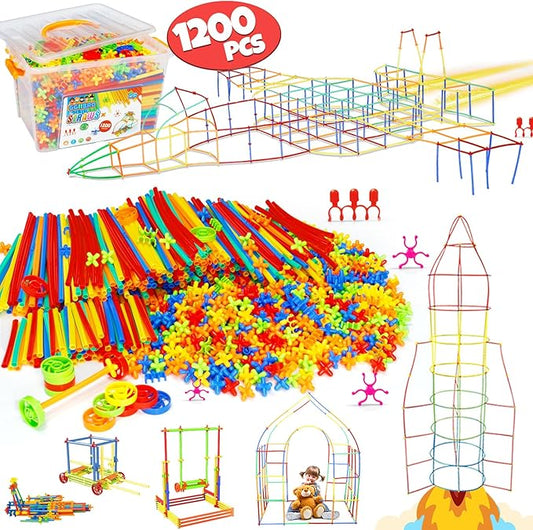 Ggiibro Straw Constructor Toys STEM Building Toys 1200Pcs Toys Aged for 3 4 5 6 7 8+ Interlocking Plastic Toys Engineering Toys Thin Tube Blocks Toy Educational Toy Kit for Classroom Kids Toys Set