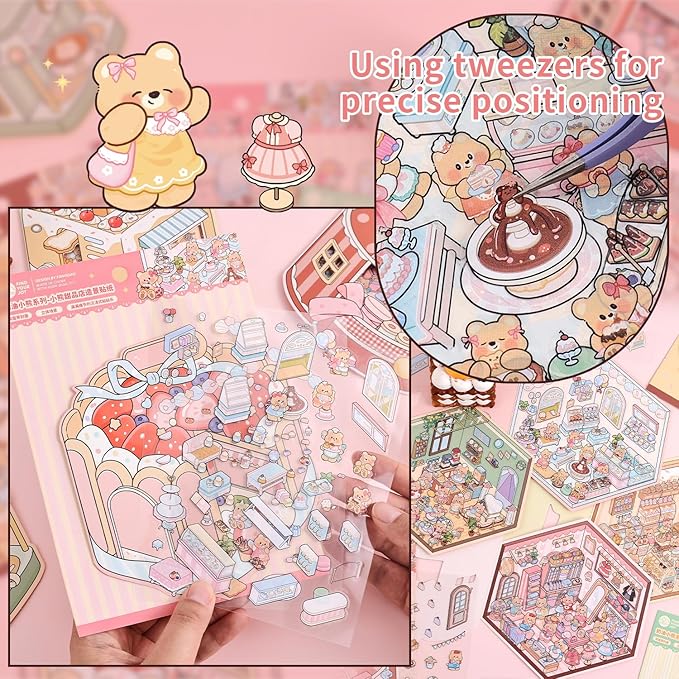 Girls 3D Miniature Scene Stickers, 4 Sets Mini Shop DIY House Stickers for Clothing Store, Coffee Shop, Bakery, Dessert Shop, Cute 3D Cartoon Sticker Scenes for Adult Kids Relief Stress Pass The Time