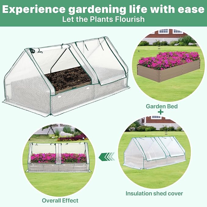 Metal Raised Garden Bed with Greenhouse 2 Large Zipper Windows Dual Use,Galvanized Steel Raised Garden Bed for Gardening Vegetables Fruit,20pcs T-Types Tags & 1 Pair of Gloves,8x4x1FT,Brown