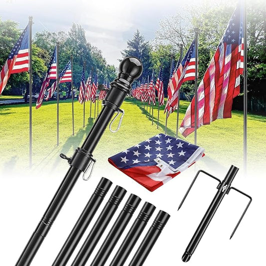 Barcetine 4-Pack Ground Flag Pole Kit - 8.5FT Tangle Free with Anti-Tip Stand Prong -1 inch Heavy Duty Portable Inground Flag Holder for Yard Garden Outdoor, Bonus 3x5 US Flag, Black