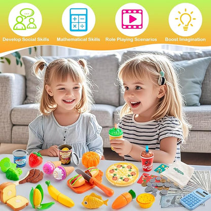 68PCS Grocery Store Play Food Sets for Kids Kitchen, Cutting Toy Food with Shopping Bags Calculator for Kids Toddler Pretend Food with Pizza Veggies Fruits Fake Food Play Kitchen Accessories Girl Gift