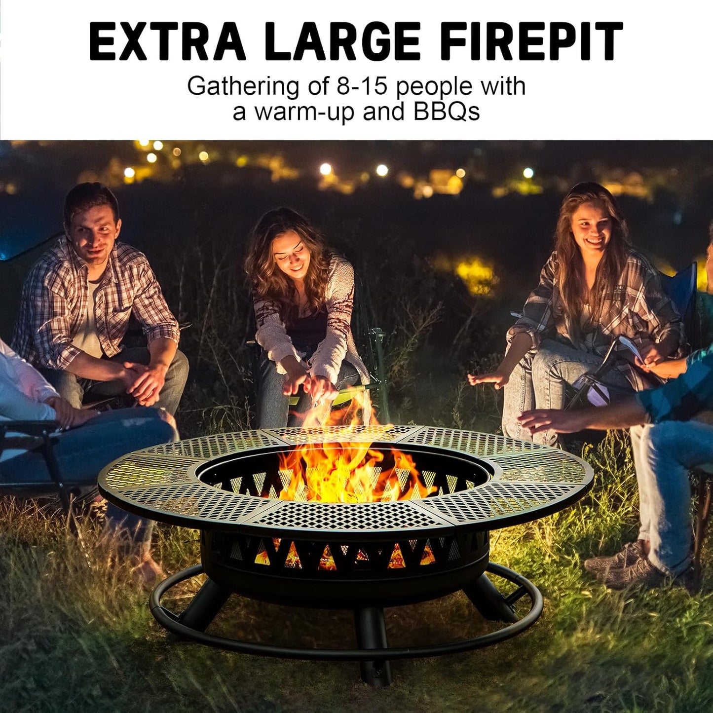 47 Inch Fire Pit with 2 Grills, Outdoor Extra Large Firepits for Outside, Wood Burning Fireplace for Camping,Picnic,Bonfire, 3-in-1 Round Metal Table with Lid for Backyard,Patio,Party