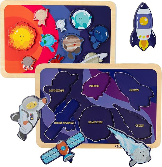 Celestial Buddies Chunky Wooden Toddler Puzzles, 12x8 Inch – Educational Space Puzzle for Early Science & Astronomy Exploration - STEM Learning (2-Pack)