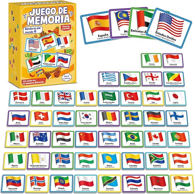 gisgfim 50 Pairs Juego de Memoria de Banderas del Mundo en español para niños y adultos Flags of the World Memory Matching Games in Spanish Educational Matching Game Fun Fast Memory Game Gift Learning