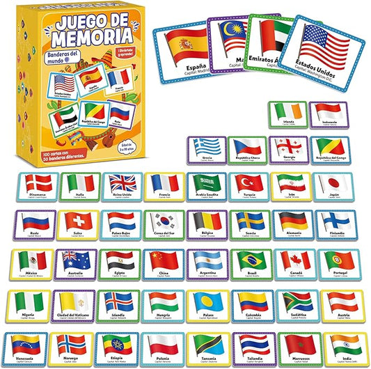 gisgfim 50 Pairs Juego de Memoria de Banderas del Mundo en español para niños y adultos Flags of the World Memory Matching Games in Spanish Educational Matching Game Fun Fast Memory Game Gift Learning