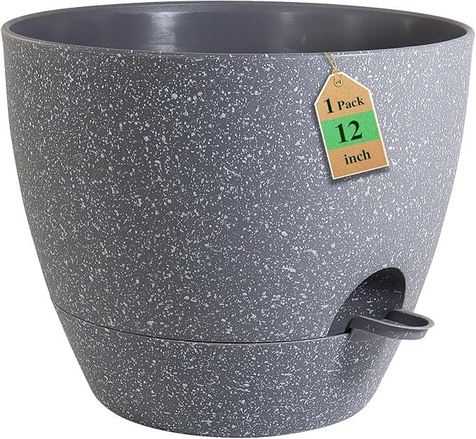 12 inch Large Self Watering Pots, Planter, Plant Pots with Mesh Drainage Holes for Indoor Outdoor House Plants and Garden, Plastic Flower Pots with Deep Reservoir, Speckled Grey