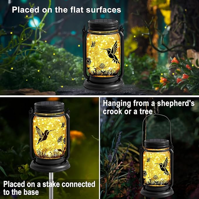 YJFWAL Hummingbird Solar Lanterns Outdoor Waterproof -Birthday, Mothers Day Gifts for Women Mom Grandma, Mason Jar Garden Lights for Patio, Yard, Porch, Balcony, Durable Garden Decor