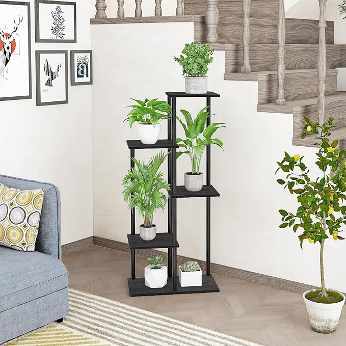 Plant Stand Indoor 5 Tier 6 Potted Metal Wood Plant Shelf, Multiple Flower Pots Corner Tall Plant Holder Stands for Living Room Balcony Bedroom, Black
