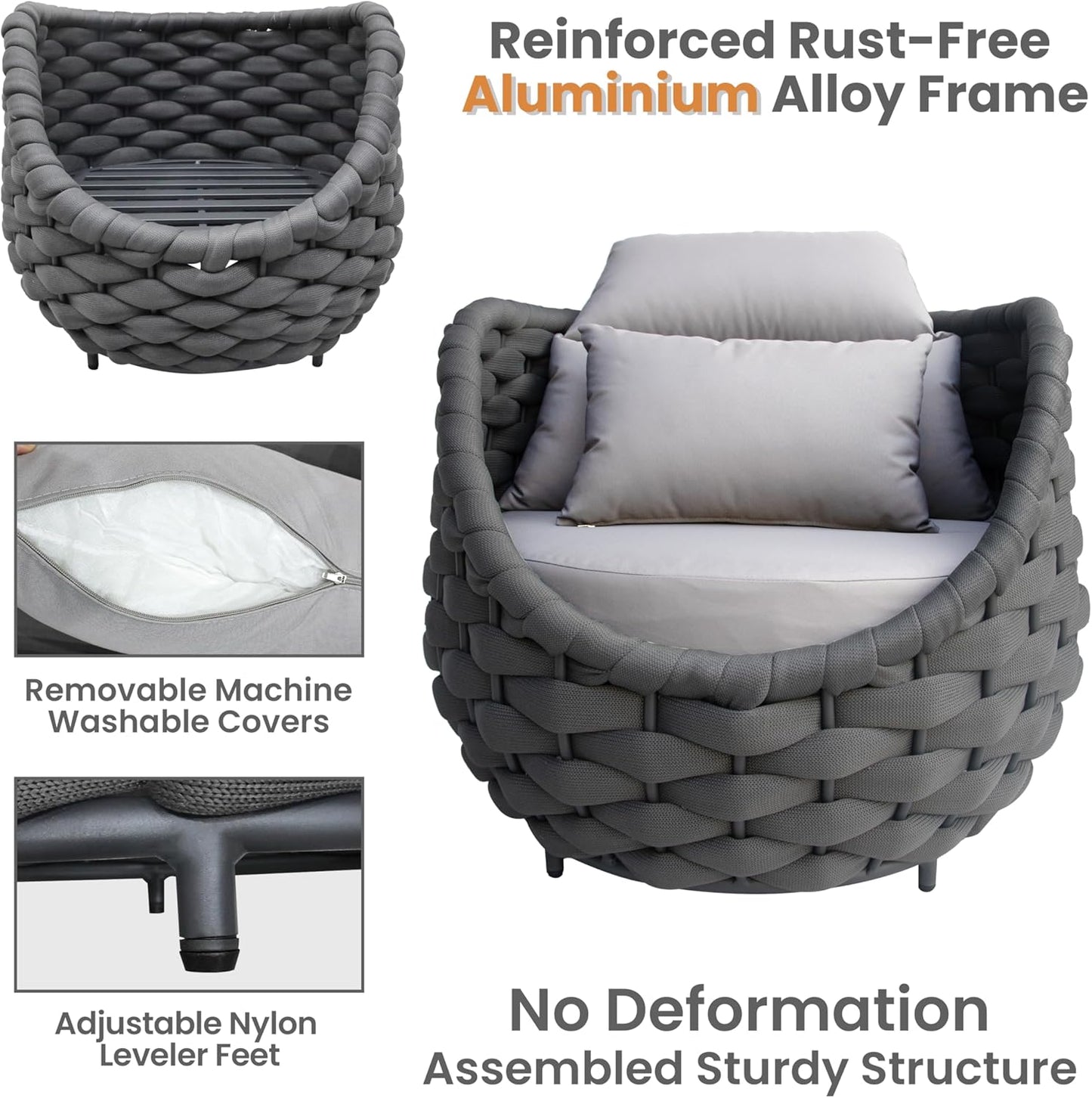 Modern Outdoor Living Room Furniture Set: 4-Piece Alumunim Assembled Woven Rope Accent Patio Conversation Set, All-Weather Lounge Sofa Set for Porch Backyard Garden Deck Poolside Hotel
