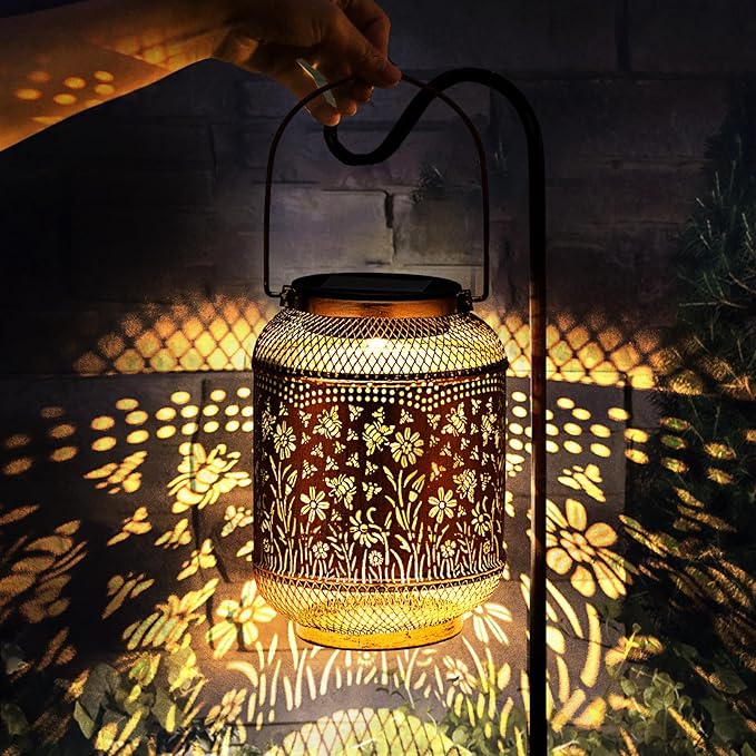 Solar Lanterns Outdoor Waterproof, Bee Garden Decor Hanging Lights, Metal Solar Lantern for Yard, Patio, Lawn, Pathway, Birthday & Gardening Gifts for Women, Mom, Grandma