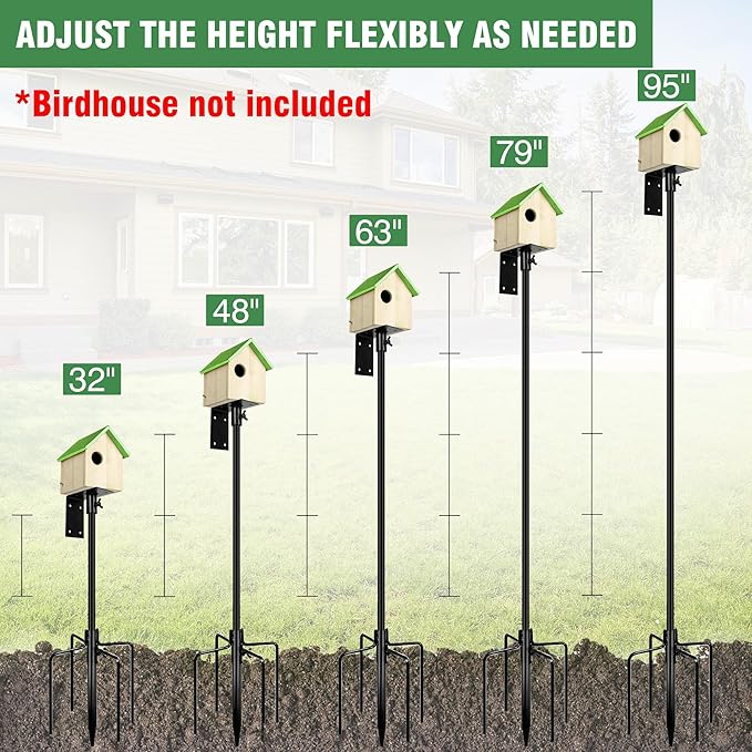 Bird House Pole, 95 Inch Heavy Duty Bird Feeder Pole Mount Kit for Outdoors, Adjustable Bird Feeding Stand, with 2-Hooks, 5-Prong Base for Birds Watching