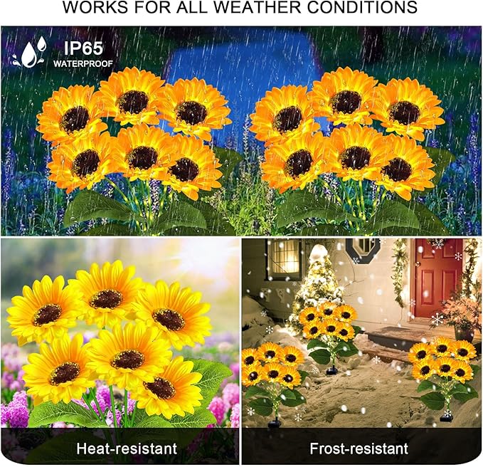 YJFWAL 2 Pack with 12 Solar Sunflower Lights Outdoor Decorative Lights for Garden Gift for Mom and Friends, IP65 Waterproof Sunflower Garden Stake Lights for Yard Patio Lawn Pathway