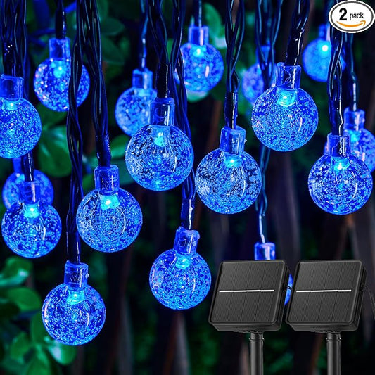 Solar String Lights Outdoor Waterproof, 2 Pack 60 LED 36.5 FT Each, 8 Lighting Modes Solar Powered Patio Lights for Garden Yard Porch Wedding Party Decor (Blue)