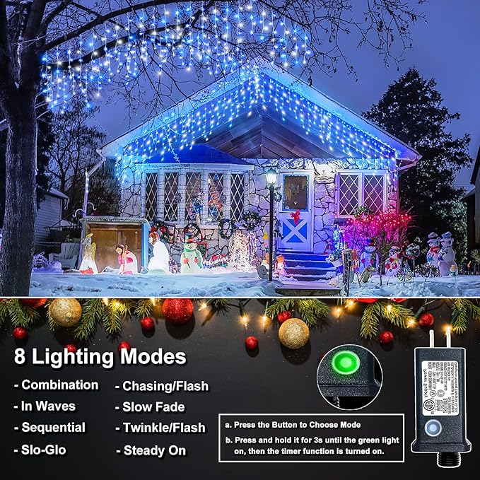 Icicle Lights for Outside, 33FT 400 LED Christmas Lights Outdoor with Waterproof 8 Modes, Plug in Connectable String Twinkle Light for Indoor Home Roof Window Garden Wedding Decorations, Blue White