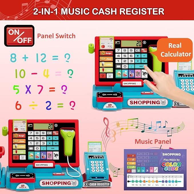 63PCS Cash Register for Kids, Kids Cash Register with Real Calculator, Pretend Play Store with Music/Motorized Conveyor/Play Money/Food Toys, Learning Toys for Boys Girls 3+, Red