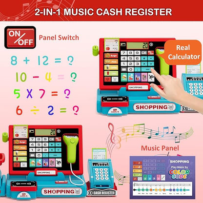 63PCS Cash Register for Kids, Kids Cash Register with Real Calculator, Pretend Play Store with Music/Motorized Conveyor/Play Money/Food Toys, Learning Toys for Boys Girls 3+, Red