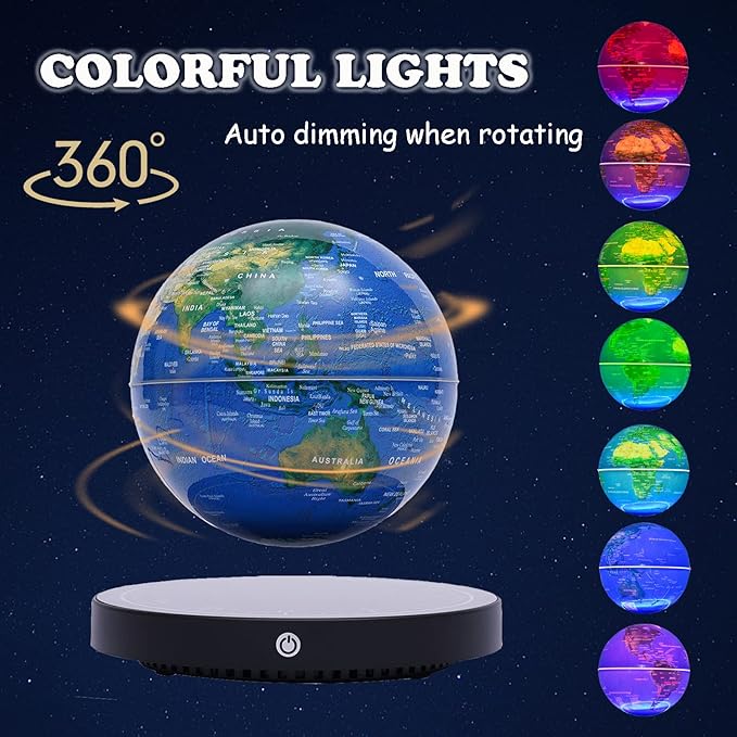 6" Magnetic Levitation Floating Globe Anti Gravity Rotating World Map with LED Light 7 Colors Display Floating Globe for Children Educational Gift Home Office Desk Decor (Blue-Clock Base)