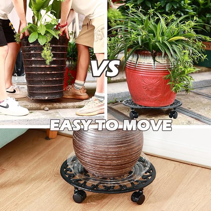 14 Inch Rolling Plant Stand with Wheels Metal Plant Caddy with Wheels Heavy Duty Round Plant Stand Indoor Iron Plants Rollers for Plants, Plant Dolly with Plant Saucers 1 Pack