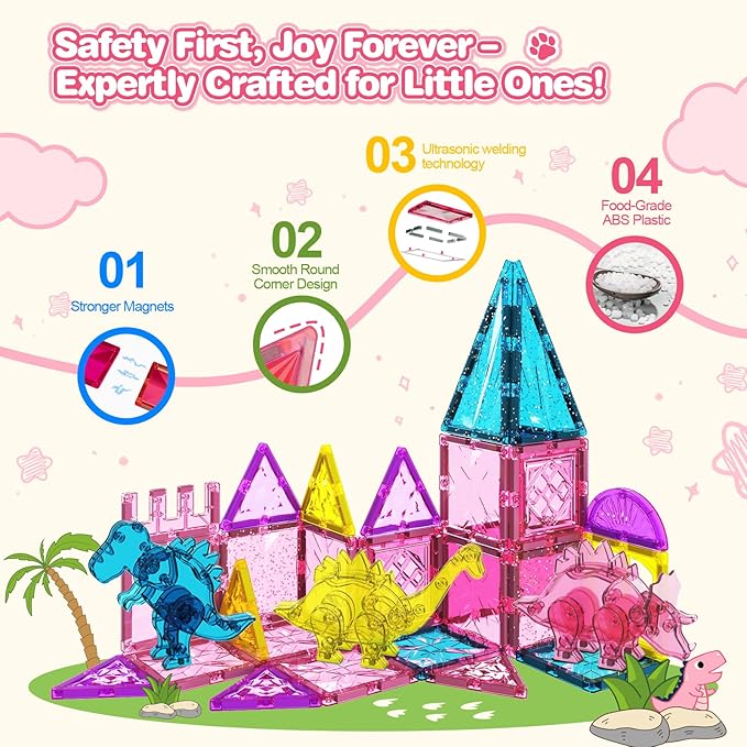 60PCS Dinosaur Toys Magnetic Tiles for Girls, Magnet Building Blocks Sensory Toy for Girls Boys Ages 3-5 4-8, STEM Learning Construction Toddler Girl Toys Birthday Gift for 3+ Years Old Kids Toy