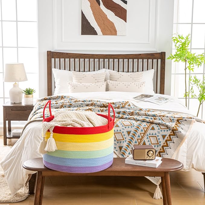 KAKAMAY Large Blanket Basket (20"x13"),Woven Baskets for storage Baby Laundry Hamper, Cotton Rope Blanket Basket for Living Room, Laundry, Nursery, Pillows, Baby Toy chest (Rainbow)