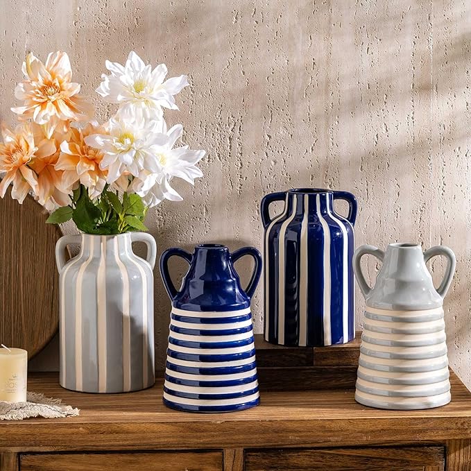 Ceramic Blue and White Checkered Stripes Vase with Handles, Modern Bohemian Floral Navy Blue Vases for Centerpieces, Cottage Core Home Decor, Flower Vases for Bouquet Mantle Bedroom Bookshelf 9.1 in