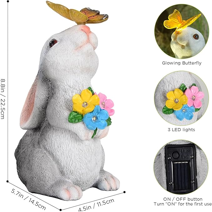 SIX FOXES Solar Garden Rabbit Statues Light - Easter Bunny Decor for Garden, Lawn, Patio, Balcony, Yard Ornament, Gifts for Kids, Women, Mom