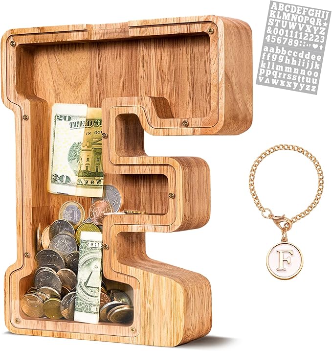 KMC Wooden Letter Piggy Bank, Personalized Initial Piggy Bank for Kids Boys, Clear Alphabet F Wood Money Box, Unbreakable Coin Saving Jar, Birthday, for Children