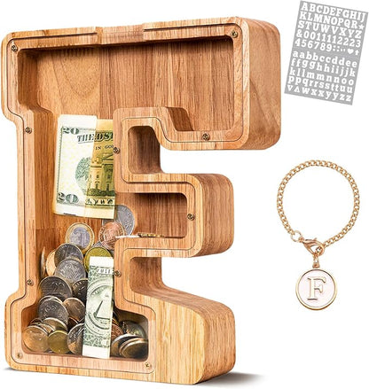 KMC Wooden Letter Piggy Bank, Personalized Initial Piggy Bank for Kids Boys, Clear Alphabet F Wood Money Box, Unbreakable Coin Saving Jar, Birthday, for Children