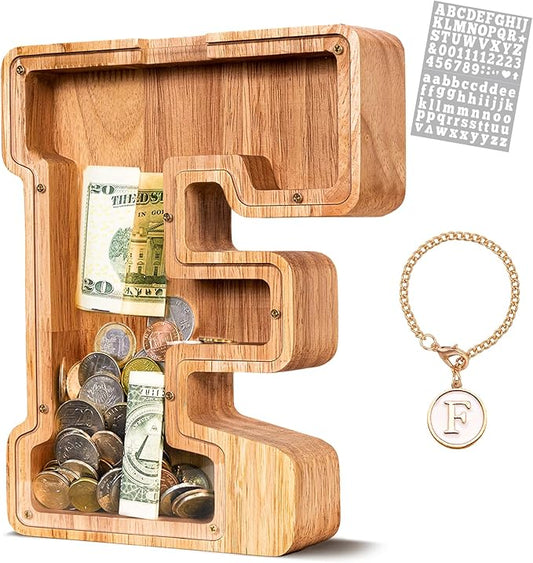 KMC Wooden Letter Piggy Bank, Personalized Initial Piggy Bank for Kids Boys, Clear Alphabet F Wood Money Box, Unbreakable Coin Saving Jar, Birthday, for Children