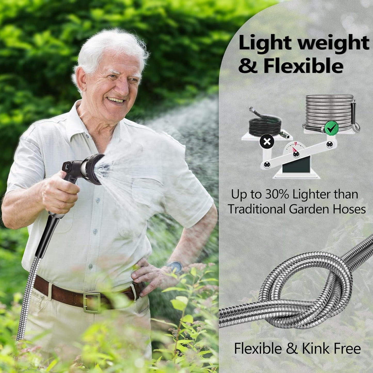 200 ft Garden Hsoe - 2025 New 304 Stainless Steel Garden Hose with 10-Function Spray Gun, 3/4'' Copper-Chrome Fittings – Lightweight, Durable, and Kink-Free, Metal Water Hoses for Gardening