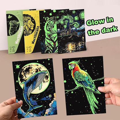 Georgie Porgy Scratch Paper Art Set for Kids Adults Magic Rainbow Scratchboards for DIY Arts and Crafts Kits Christmas Birthday Gift with Scratching Tools Kit (A5-Noctilucent Castle + Sea Animals)