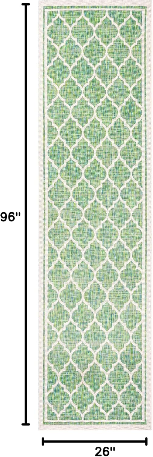 Eyely BMS109I-28 Santa Monica Trebol Moroccan Trellis Textured Weave Indoor/Outdoor Runner Rug Coastal;Bohemian, Bedroom, Backyard, Patio, Easy-Cleaning, Non-Shedding, 2 X 8, Cream/Green