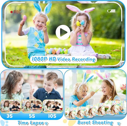 Kids Camera with Rotating Zoom Lens, 3.5” Large Screen, 1080P Kids Digital Camera with Flash,Selfie, 32GB Card, Toddler Toy Camera Christmas Birthday Gifts for Boys Girls 3-12 Years Old-Blue