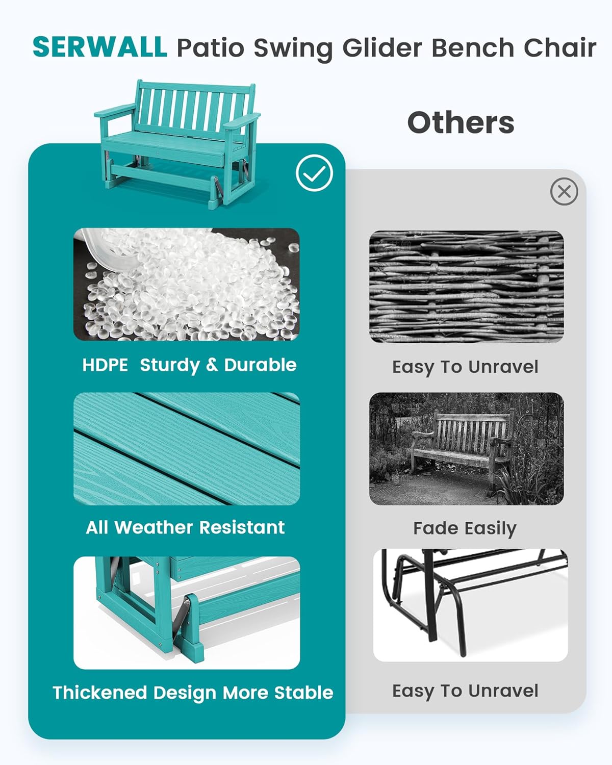 SERWALL Outdoor Glider Bench Set of 2, HDPE Weather-Resistant Swinging Bench for Backyard Garden Porch, Aruba