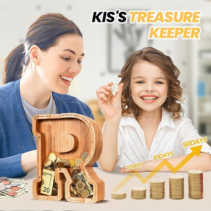 KMC Wooden Letter Piggy Bank, Personalized Initial Piggy Bank for Kids Boys, Clear Alphabet R Wood Money Box, Unbreakable Coin Saving Jar, Birthday, for Children