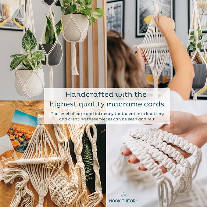 Nook Theory 4-Pack Macrame Plant Hanger - with 8 Ceiling Hooks - Hanging Planter Indoor Outdoor - Hanging Plant Holder - Decorative Bohemian Plant Hangers - Hanging Plants (Black)
