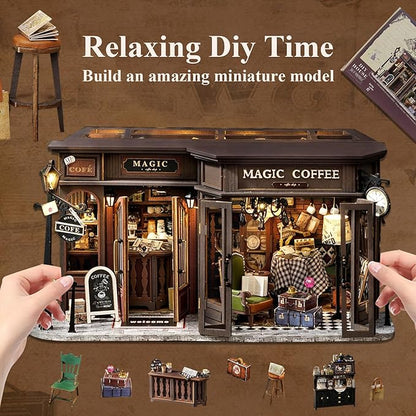 Fsolis DIY Miniature Dollhouse Kit for Adults - Tiny House Mini Scene 3D Puzzles Gifts for Women Teenagers Craft Lovers (Magic Coffee)