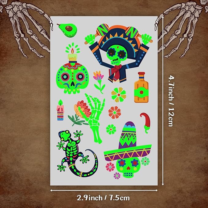 Temporary Tattoos for Day of the Dead, 36 Sheets Glow in the Dark Fake Tattoos for Adults and Kids, 180 Patterns for Halloween Make Up Party, Skull Skeleton Cat Ghost Guitar Sticker