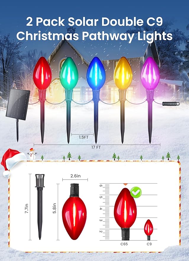 Minetom 2 Pack Solar Double C9 Christmas Pathway Lights Outdoor -Total 32FT 20 LED C9 Christmas Lights Outdoor with Timer,8 Modes, Solar Christmas Outdoor Decorations for Lawn Outside Yard, Multicolor