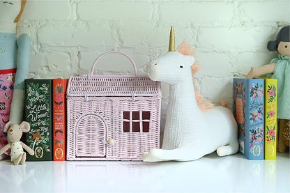 Rool Rattan House Shaped Basket Wicker Small Dollhouse Gift for Girls, Boho Toys, Mouse in a Box House, Little Girl Purse Clutch, Doll Carrier (Pink)