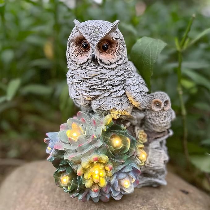Mother Owl and Child Garden Statue on a Log with Succulent Led Solar Light Outdoor Scuplture Lawn Patio Yard Décor Owl Family Figurine with 7 Led Lights in Plants (Owl Solar)