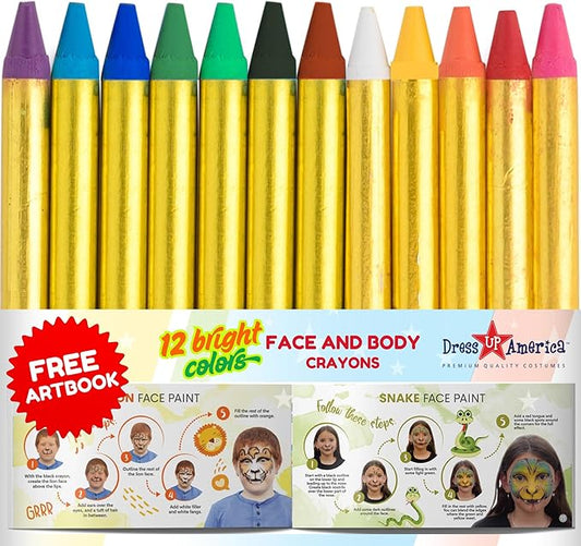Dress Up America Face Paint Crayons - Non-Toxic Face Painting Kit for Kids and Adults - 12 Face and Body Paint with Artbook & Easy To Follow Designs - Face Painting Kit Made in Taiwan