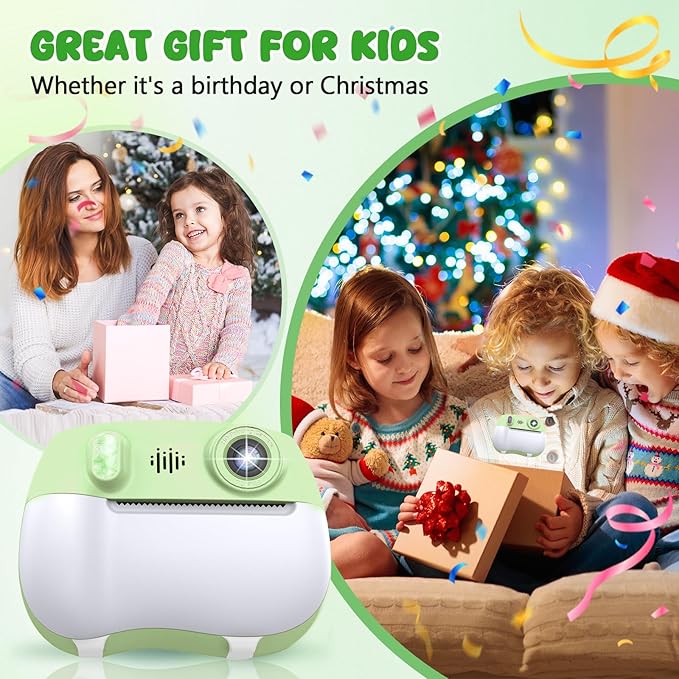 Kids Camera Instant Print 1080P Front Rear Dual Selfie - Toddler Cameras with Digital Video Games,32GB & 5-Color Print Paper/ 250 Photos,Easy to Use & Great Toys Gifts for Boys Girls, Ages 3-12 Green