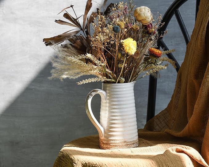 Quoowiit Ceramic Rustic Vase with Handle, White Distressed Decorative Farmhouse Pitcher Vase for Home Decor Living Room Bedroom Kitchen Office Shelf Decor Centerpiece Table Decoration